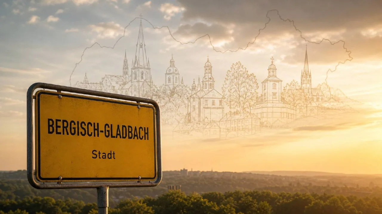 Ortseingangsschild Bergisch Gladbach im Sonnenuntergangslicht, davor charakteristische Skyline-Andeutung