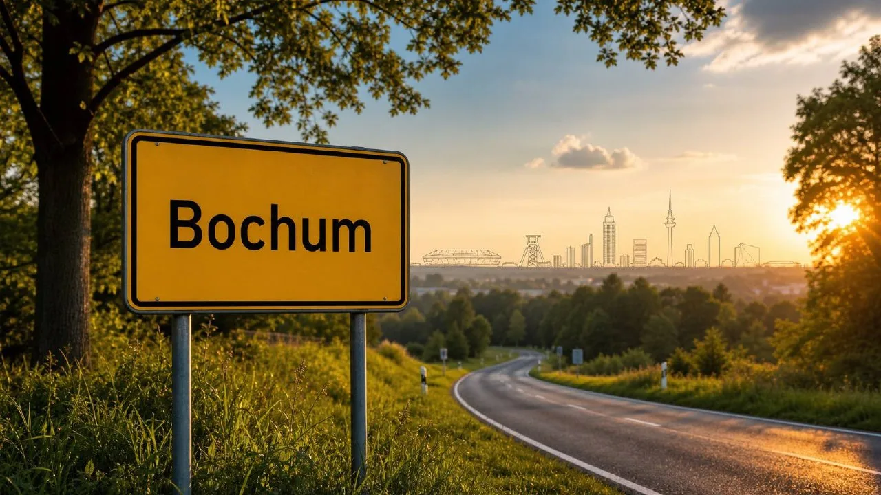 Stadtschild Bochum in goldener Stunde, im Hintergrund stilisierte Architektur-Silhouette
