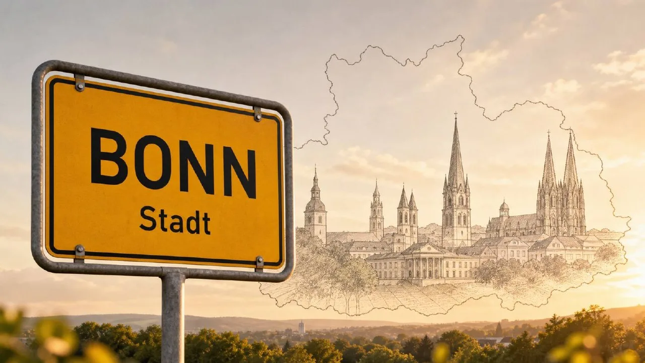 Bonn Ortseingangsschild vor Landschaftspanorama, Markierung im BESENMANN-Einsatzgebiet NRW