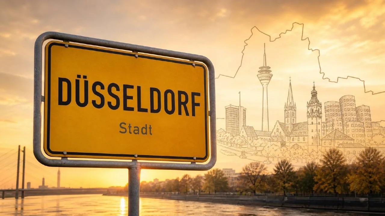 Düsseldorf Ortseingangsschild vor Landschaftspanorama, Markierung im BESENMANN-Einsatzgebiet NRW