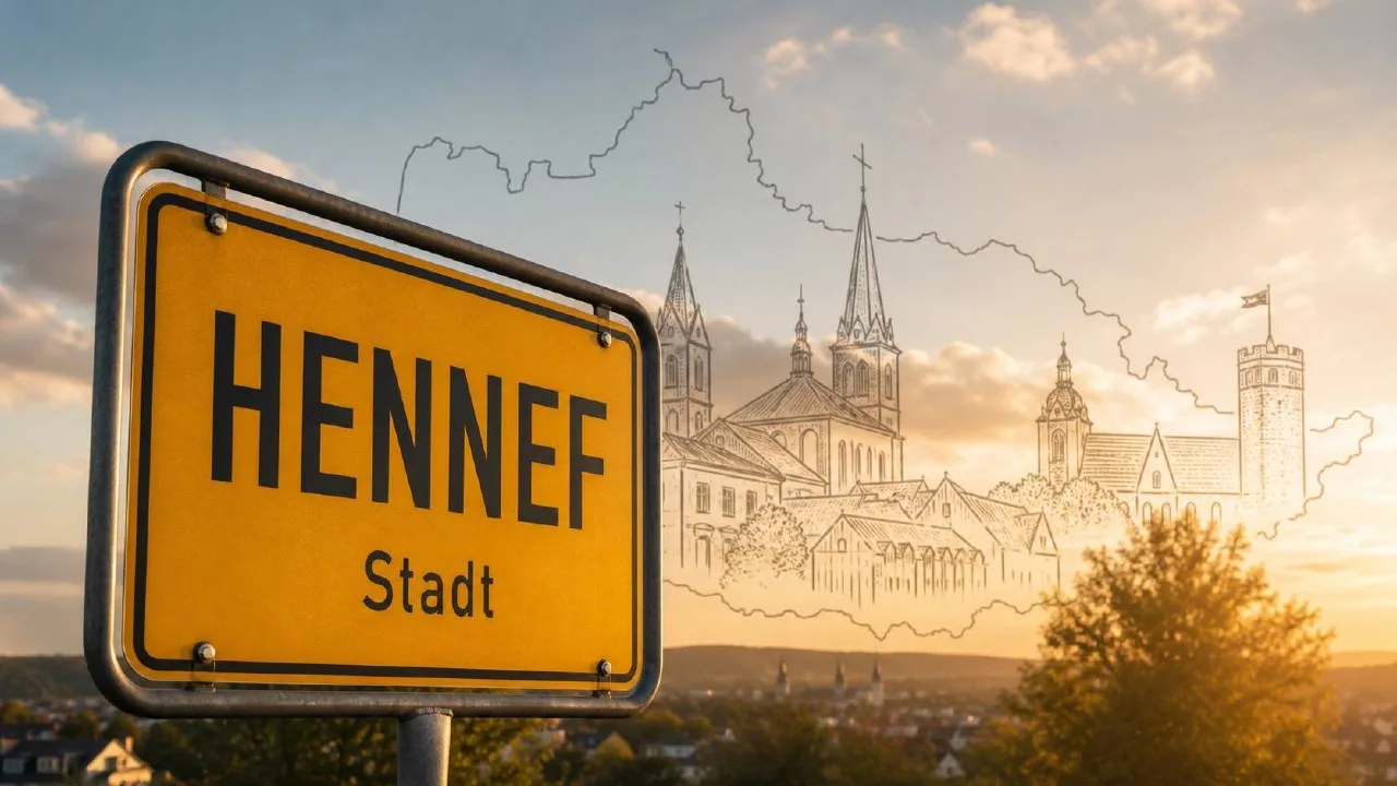 Stadtschild Hennef in goldener Stunde, im Hintergrund stilisierte Architektur-Silhouette