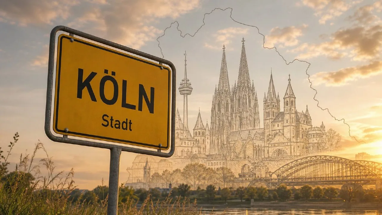 Ortsschild Köln mit Stadtkulisse, fotorealistische Darstellung im warmen Tageslicht