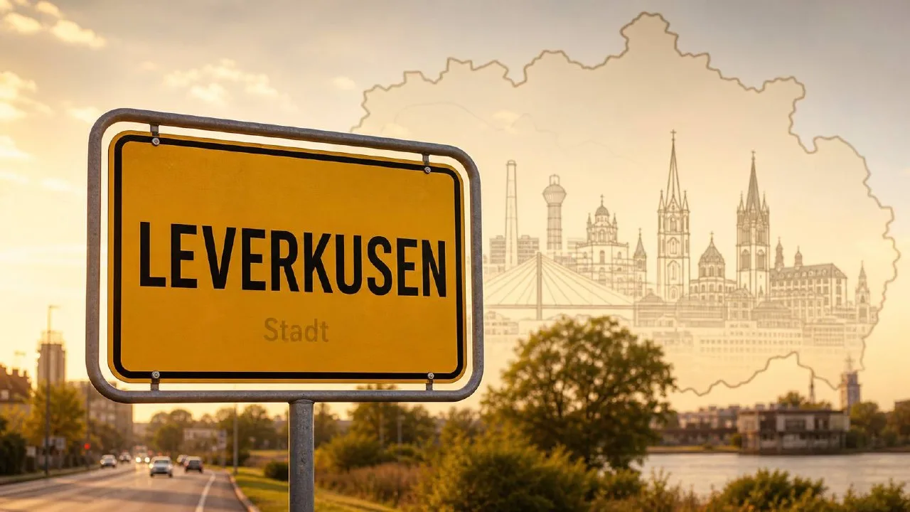 Ortsschild Leverkusen mit Stadtkulisse, fotorealistische Darstellung im warmen Tageslicht