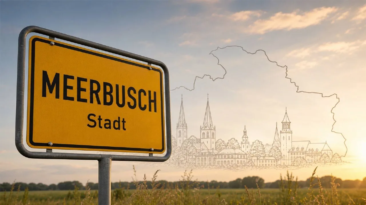 Stadtschild Meerbusch in goldener Stunde, im Hintergrund stilisierte Architektur-Silhouette