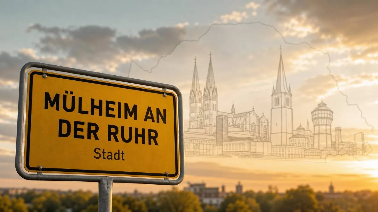 Ortseingangsschild Mülheim an der Ruhr im Sonnenuntergangslicht, davor charakteristische Skyline-Andeutung
