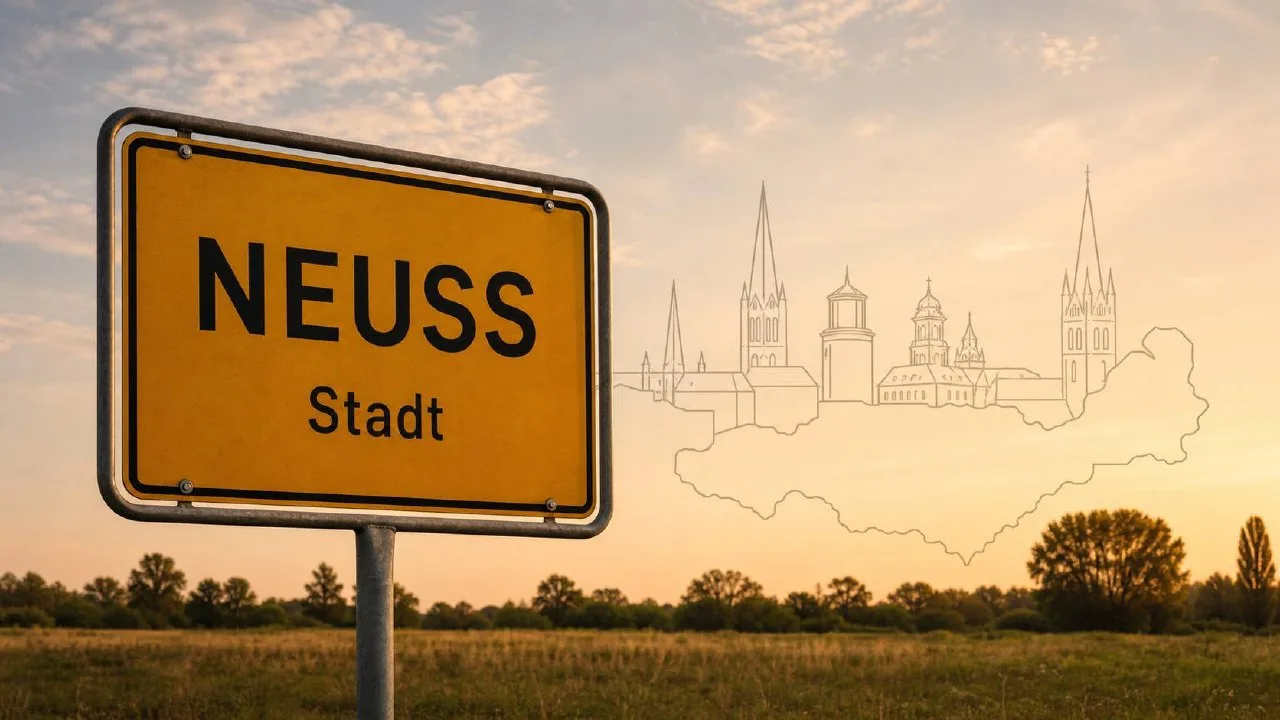 Stadtschild Neuss in goldener Stunde, im Hintergrund stilisierte Architektur-Silhouette