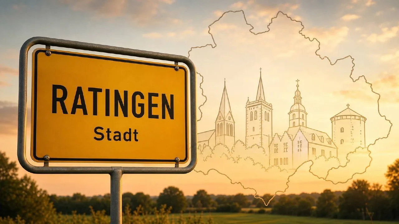 Gelbes Stadtschild von Ratingen vor weicher Abendlandschaft, BESENMANN-Einsatzgebiet