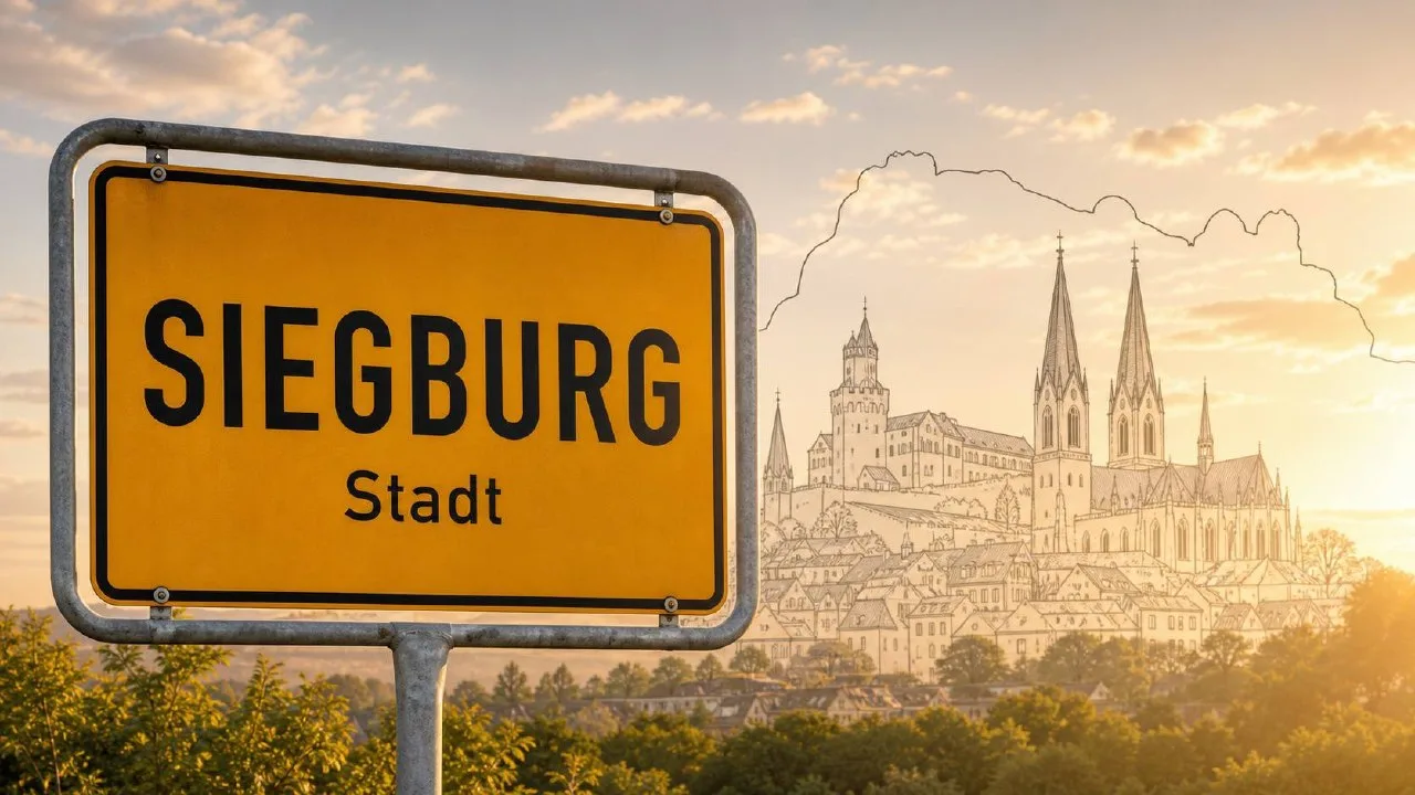 Gelbes Stadtschild von Siegburg vor weicher Abendlandschaft, BESENMANN-Einsatzgebiet