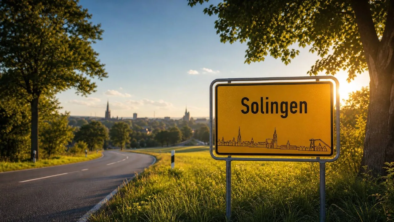 Stadtschild Solingen in goldener Stunde, im Hintergrund stilisierte Architektur-Silhouette