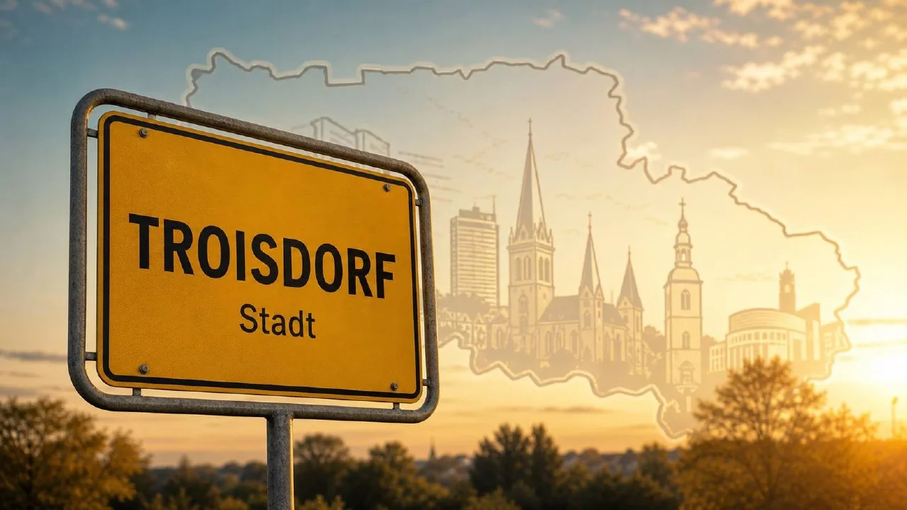 Stadtschild Troisdorf in goldener Stunde, im Hintergrund stilisierte Architektur-Silhouette