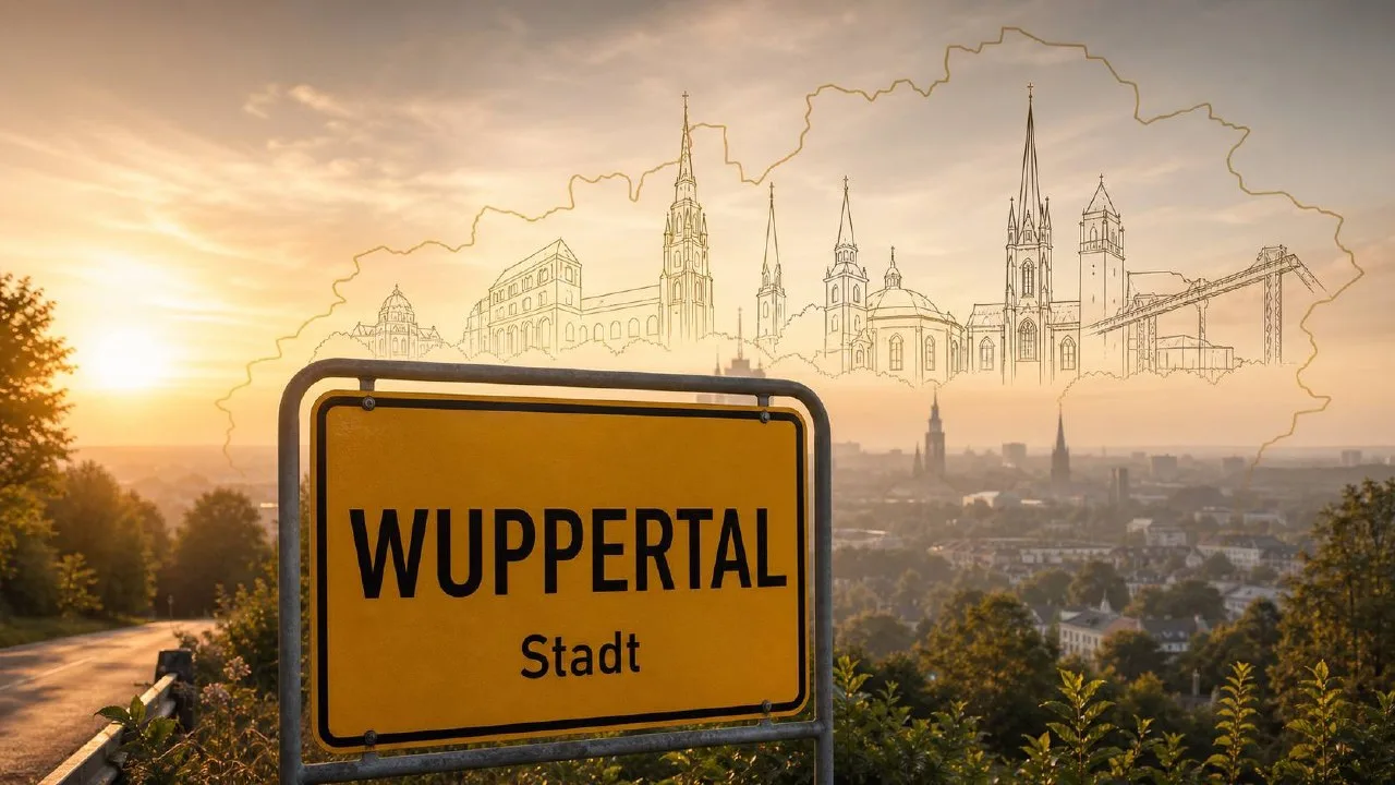 Gelbes Stadtschild von Wuppertal vor weicher Abendlandschaft, BESENMANN-Einsatzgebiet